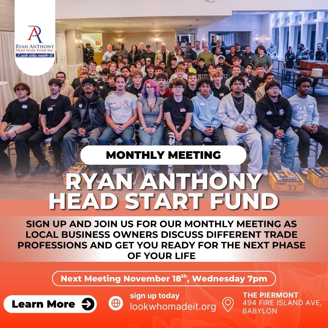 Ryan Anthony Head Start Fund monthly meeting flyer: Wednesday, November 18 at 7pm at The Piermont, 494 Fire Island Ave, Babylon